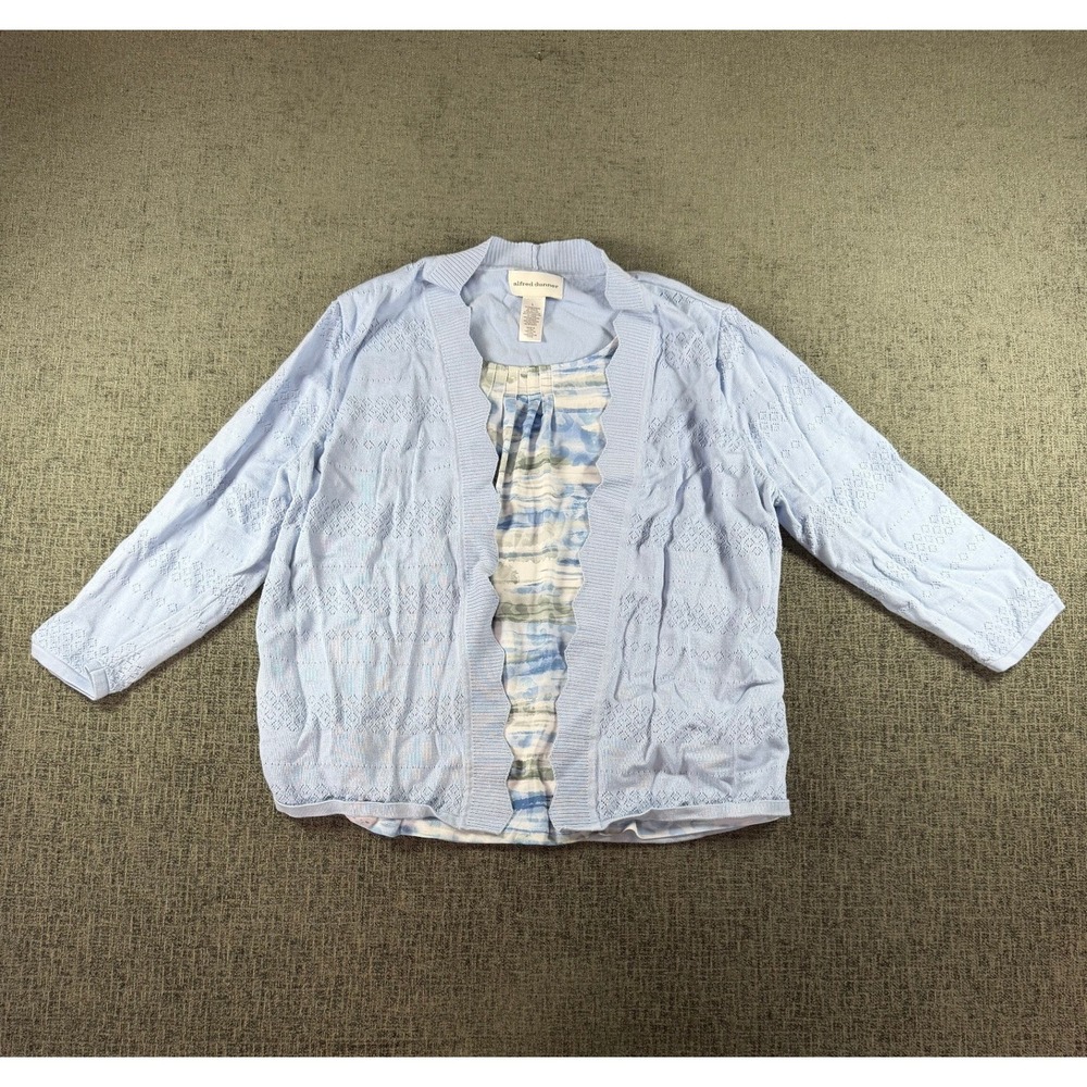 Alfred Dunner Light Blue Pointelle Cardigan and Abstract Print Top Set Large